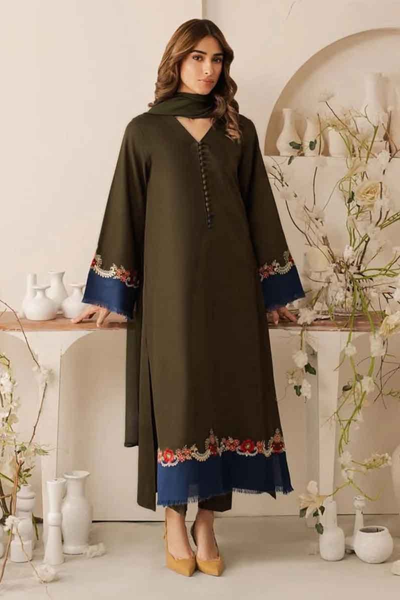 Qaswa W2005-Green Embroidered Dhanak Dress