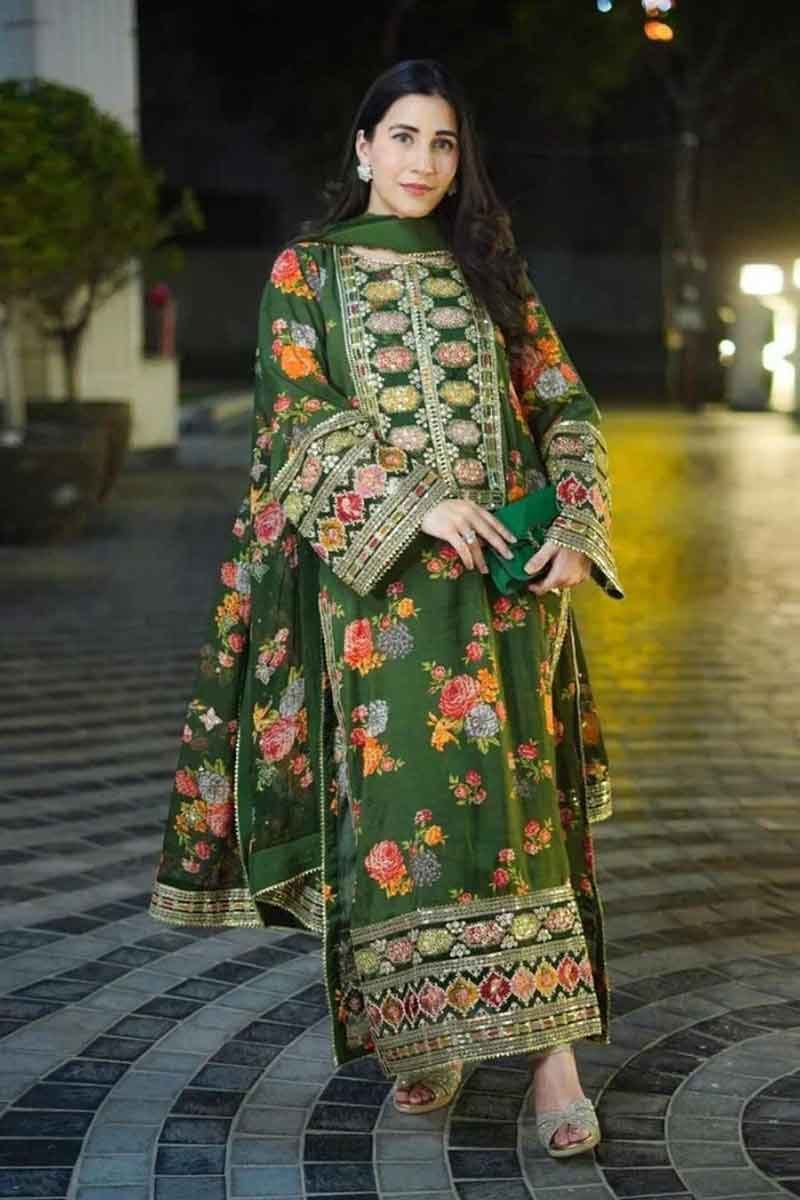 Nafees W004 Green Printed & Embroidered Lawn Dress