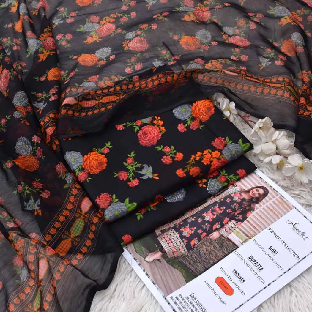 Aneela's P43 Digital Printed Lawn Fabric Unstitched 3 Piece Dress