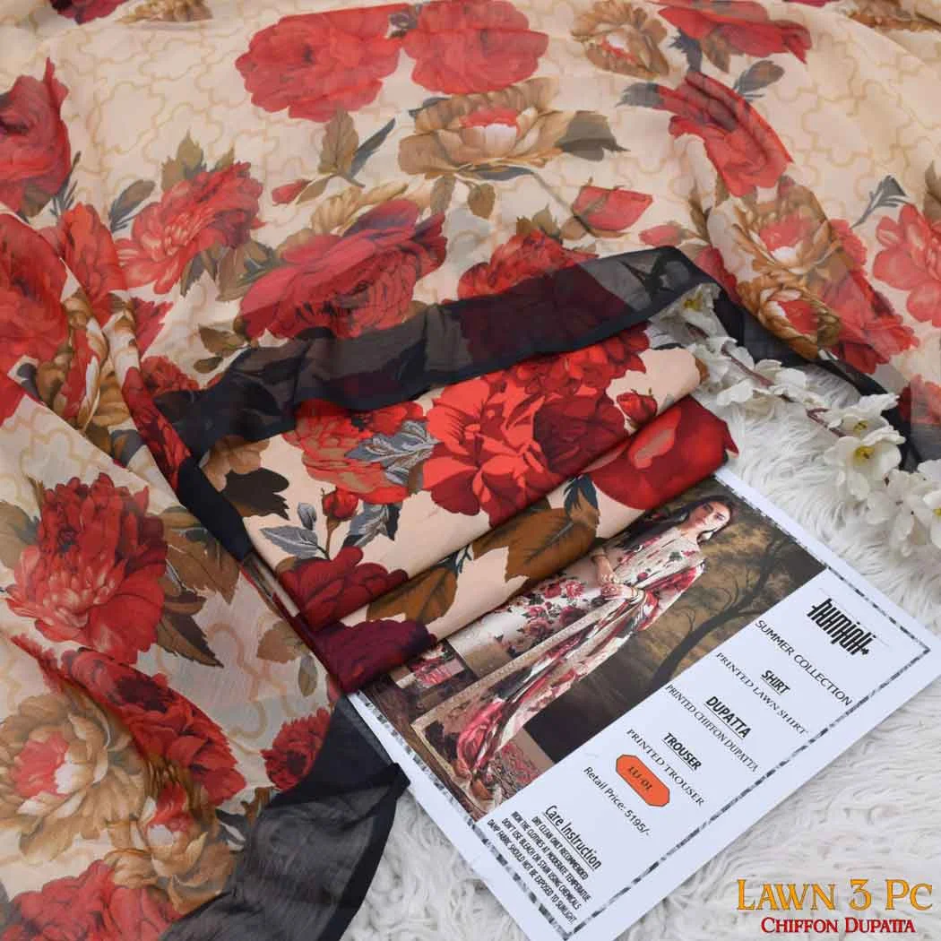 Humjoli P01 Digital Printed Lawn Fabric Unstitched 3 Piece Dress