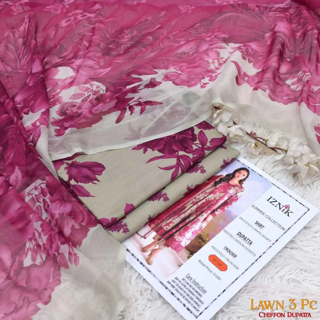 Iznik P08 Digital Printed Lawn Fabric Unstitched 3 Piece Dress