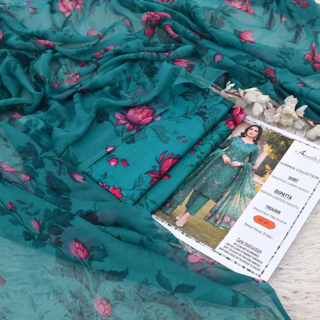 Aneela's P87 Digital Printed Lawn Fabric Unstitched 3 Piece Dress